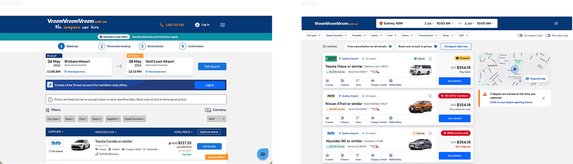 Results page before and after